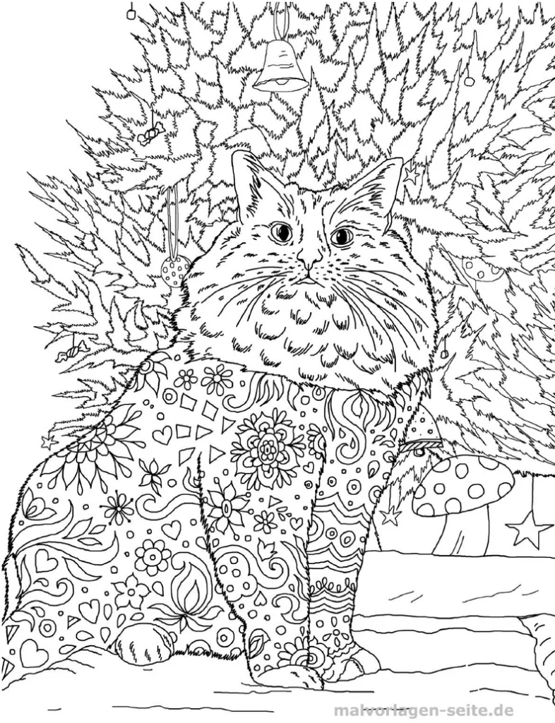 malvorlage-katze-vor-weihnachtsbaum-mit-muster