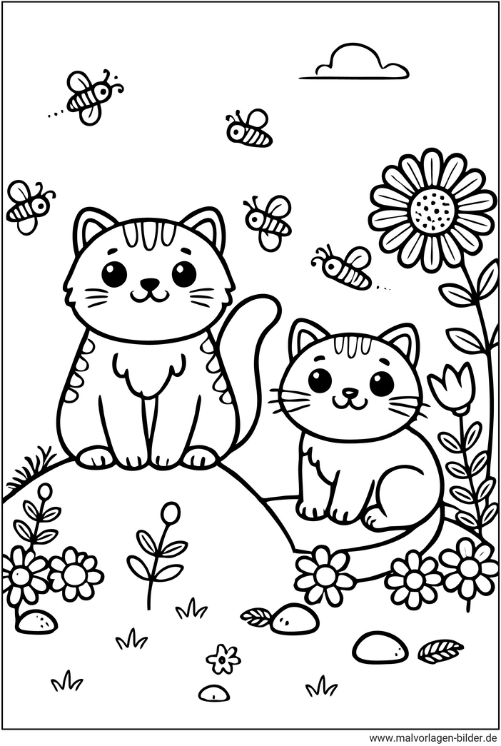 malvorlage-katzen-fruehling-blumen-bienen