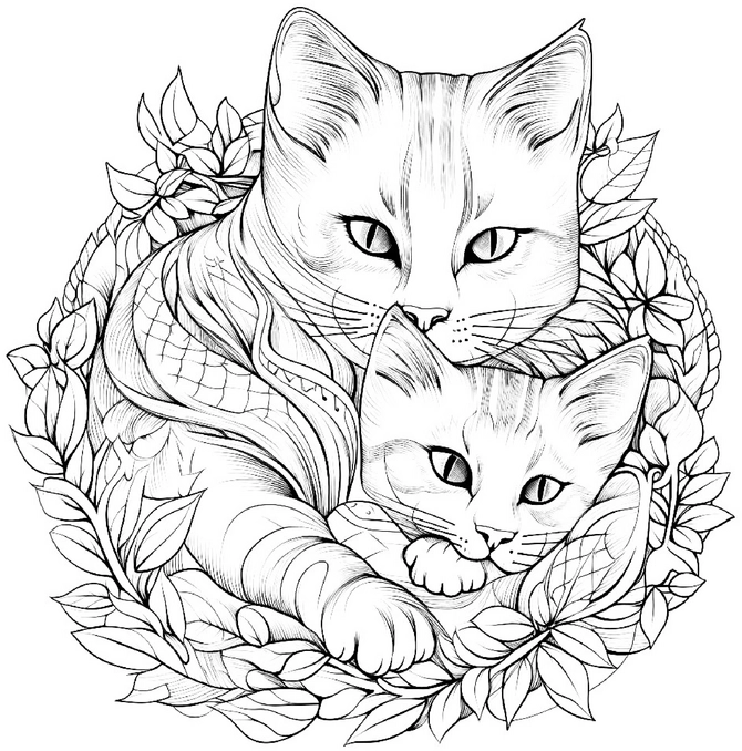 malvorlage-katzen-mit-blumen-und-blaettern