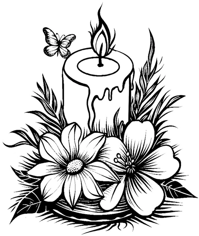 malvorlage-kerze-blumen-und-schmetterling