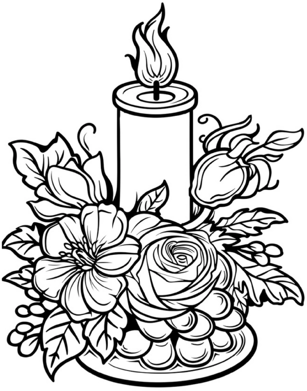 malvorlage-kerze-mit-blumen-ausmalbild