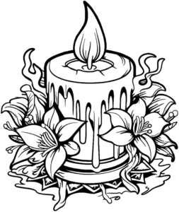 malvorlage-kerze-mit-blumen-und-flamme