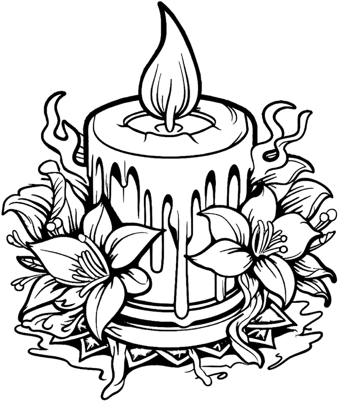 malvorlage-kerze-mit-blumen-und-flamme