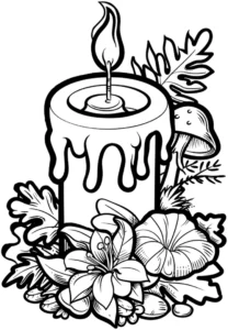 malvorlage-kerze-umgeben-von-blumen-und-pflanzen