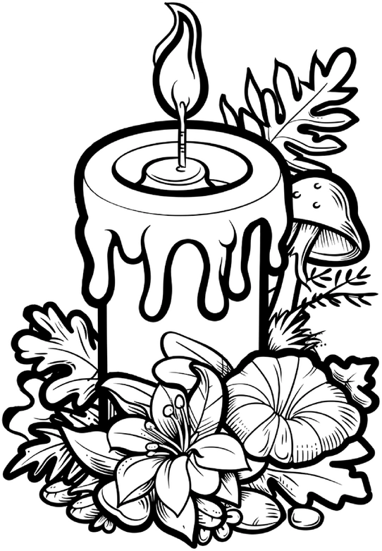 malvorlage-kerze-umgeben-von-blumen-und-pflanzen