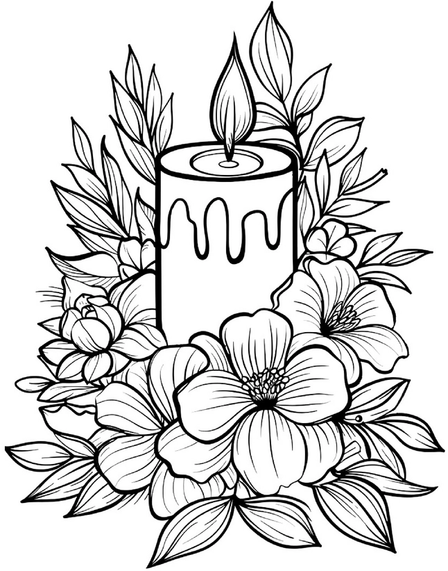 malvorlage-kerze-und-blumen