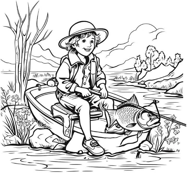 malvorlage-kind-angeln-in-der-natur