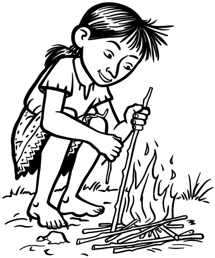 malvorlage-kind-entfacht-feuer-in-der-steinzeit