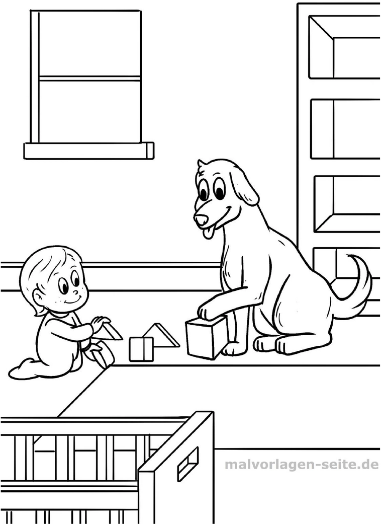 malvorlage-kind-hund-beim-spielen-mit-bauklein