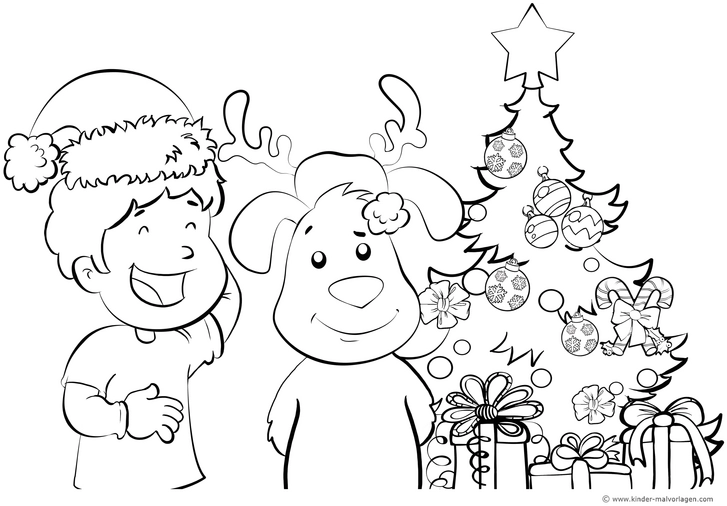 malvorlage-kind-hund-weihnachtsbaum