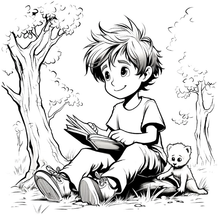 malvorlage-kind-liest-ein-buch-im-wald