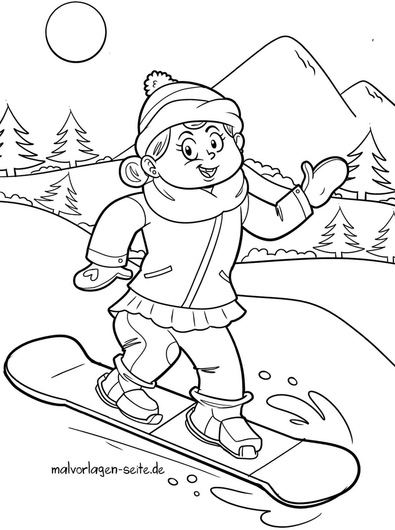 malvorlage-kind-snowboarden-winter