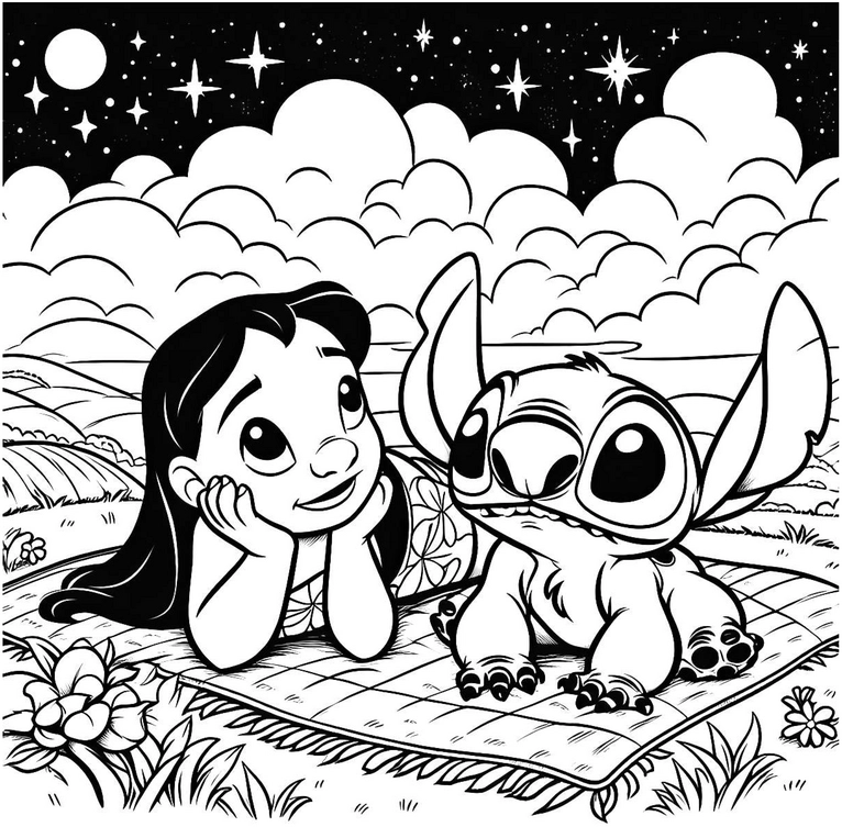 malvorlage-kind-und-alien-unter-sternenhimmel