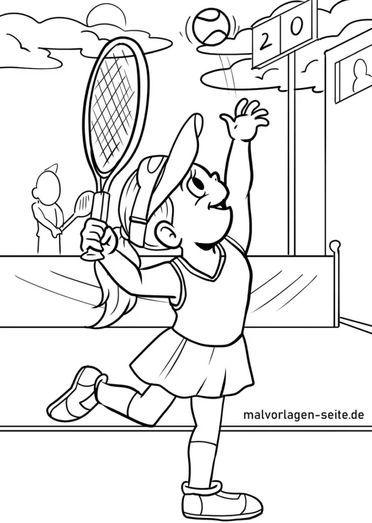 malvorlage-kind-zeigt-tennisball-auf-platz