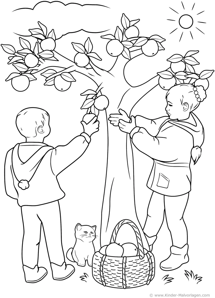 malvorlage-kinder-aepfel-pfluecken-unter-einem-baum