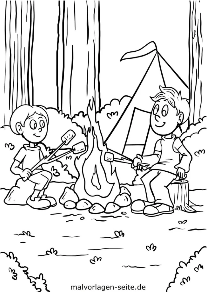 malvorlage-kinder-am-lagerfeuer-mit-zelt-und-baeumen