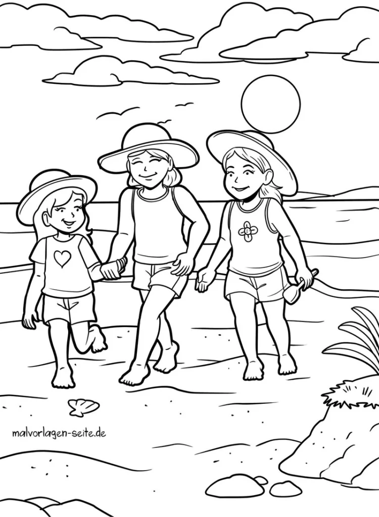 malvorlage-kinder-am-strand-unterwegs