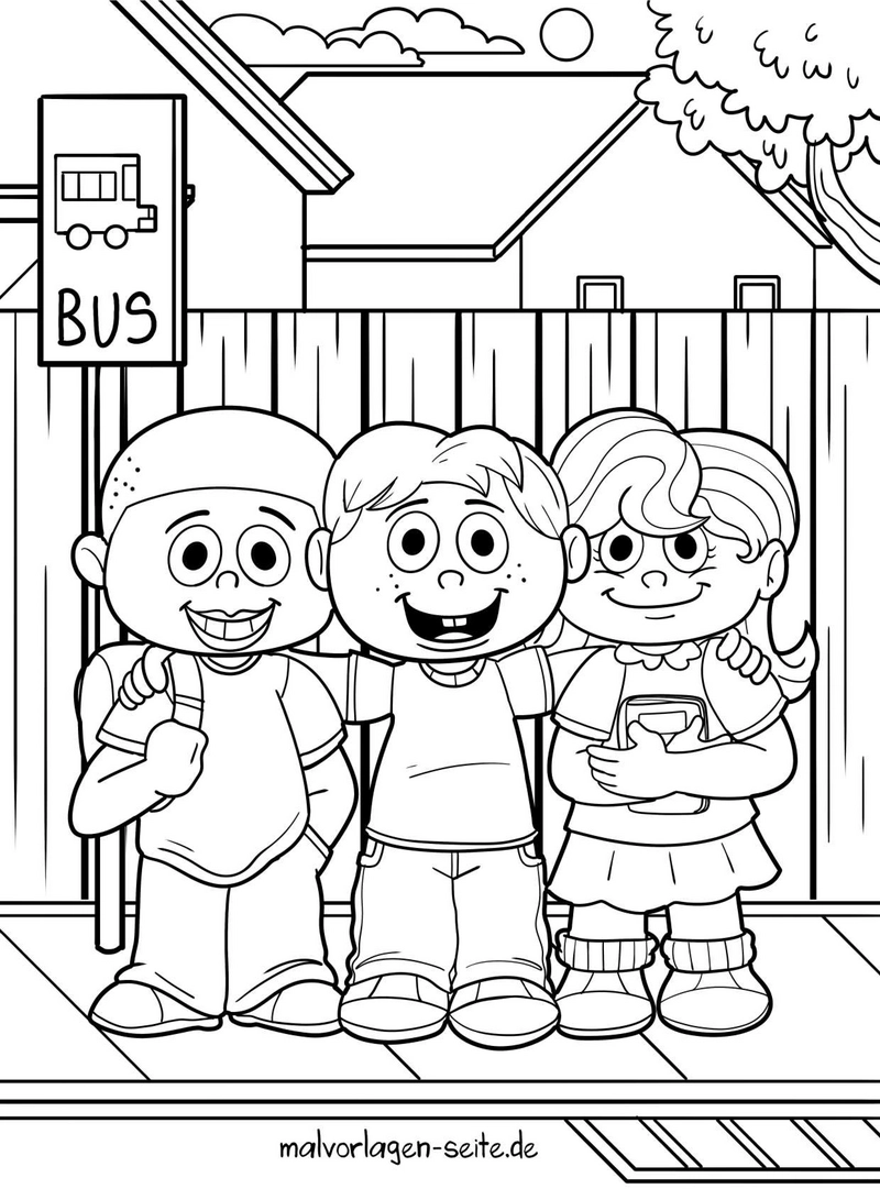 malvorlage-kinder-an-der-bushaltestelle-mit-freunden