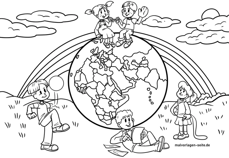 malvorlage-kinder-auf-der-erde-mit-regenbogen
