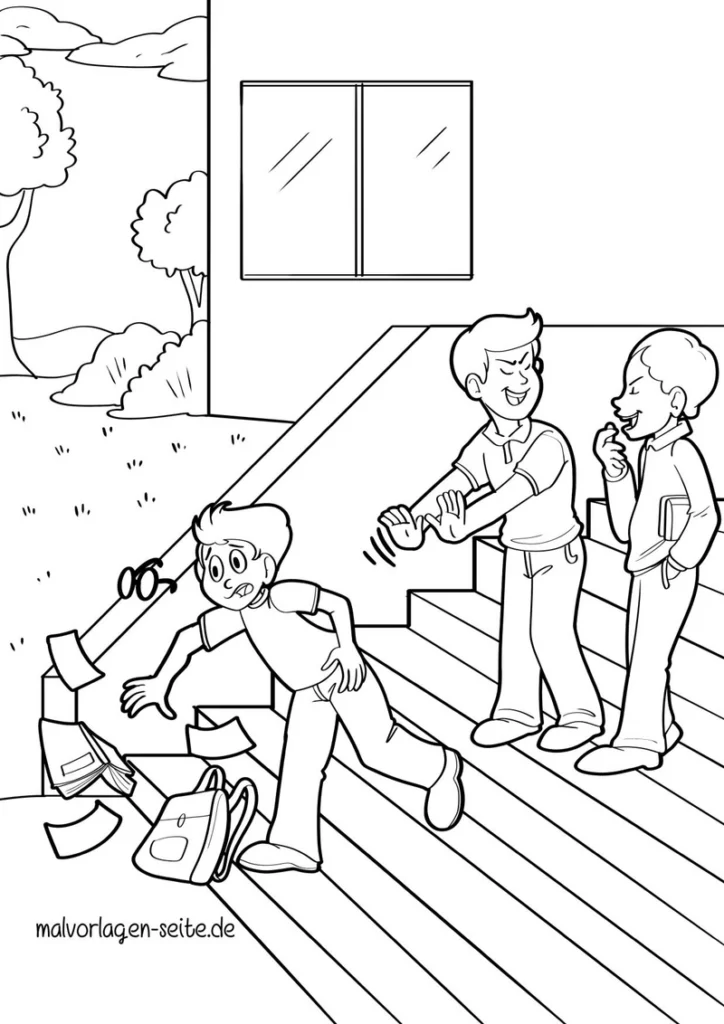 malvorlage-kinder-auf-treppe-mit-rucksack