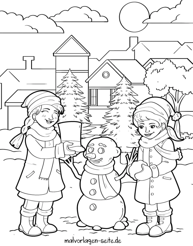 malvorlage-kinder-bauen-einen-schneemann-im-winter