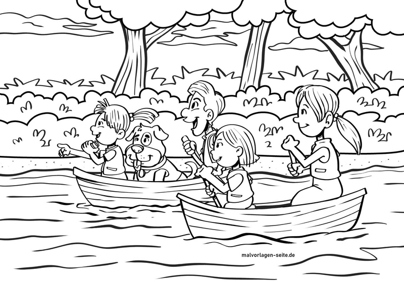 malvorlage-kinder-beim-bootfahren-mit-hund-im-wasser