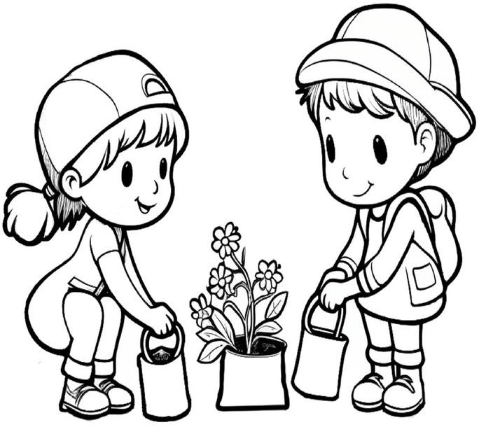 malvorlage-kinder-beim-gaertnern-pflanzenpflege