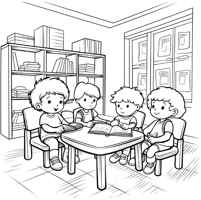 malvorlage-kinder-beim-lesen-in-der-schule