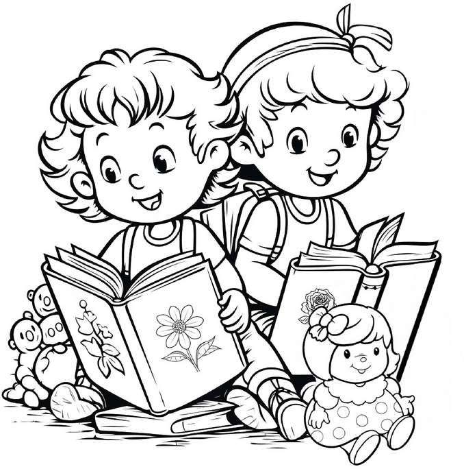 malvorlage-kinder-beim-lesen-und-spielen