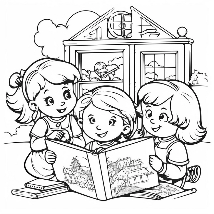 malvorlage-kinder-beim-lesen-unter-einem-dach