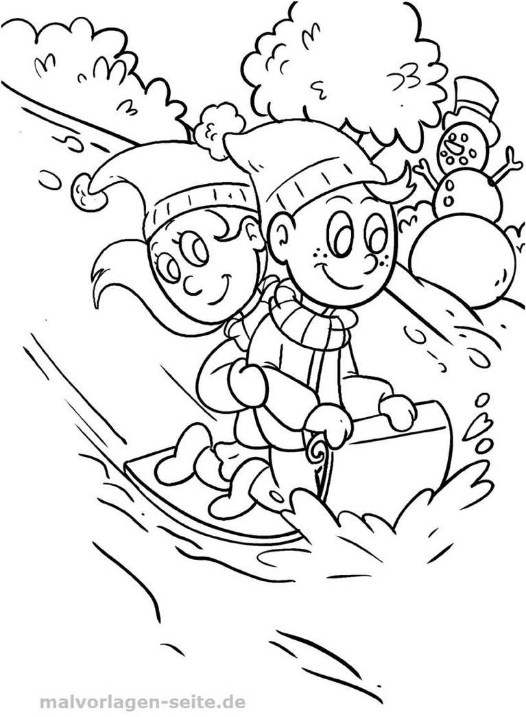 malvorlage-kinder-beim-schlittenfahren-im-winter