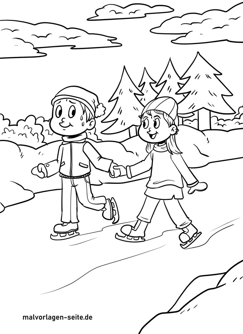 malvorlage-kinder-beim-schlittschuhlaufen-in-winterlandschaft