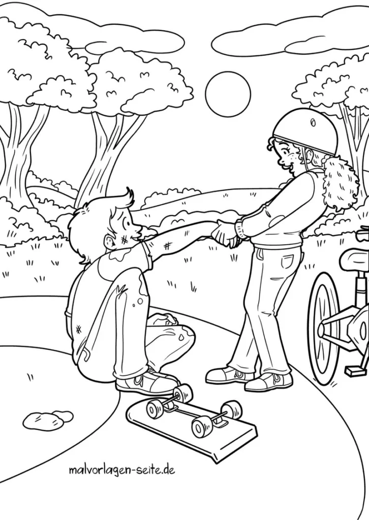 malvorlage-kinder-beim-spielen-mit-skateboard-und-fahrrad