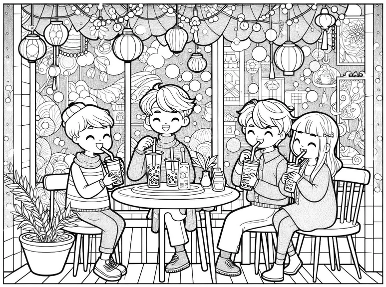 malvorlage-kinder-im-cafe-mit-getraenken