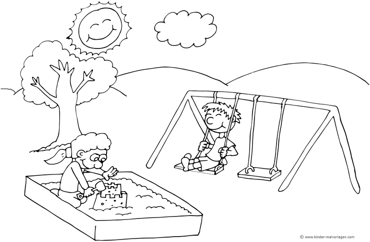 malvorlage-kinder-im-freien-sandkasten-schaukel