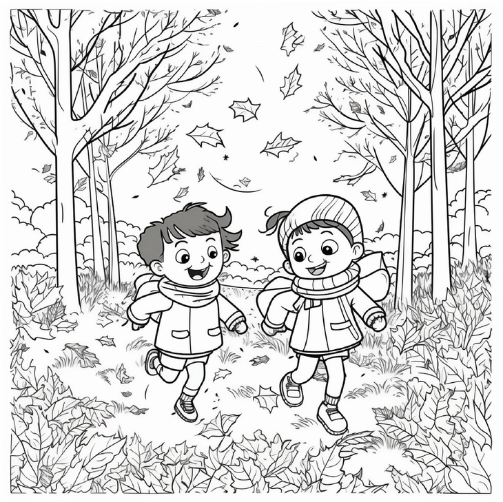 malvorlage-kinder-im-herbst-laubwald