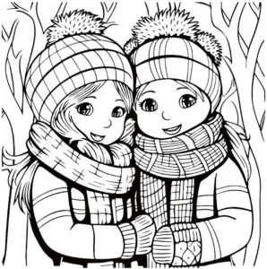 malvorlage-kinder-im-winter-mit-muetzen-und-schals