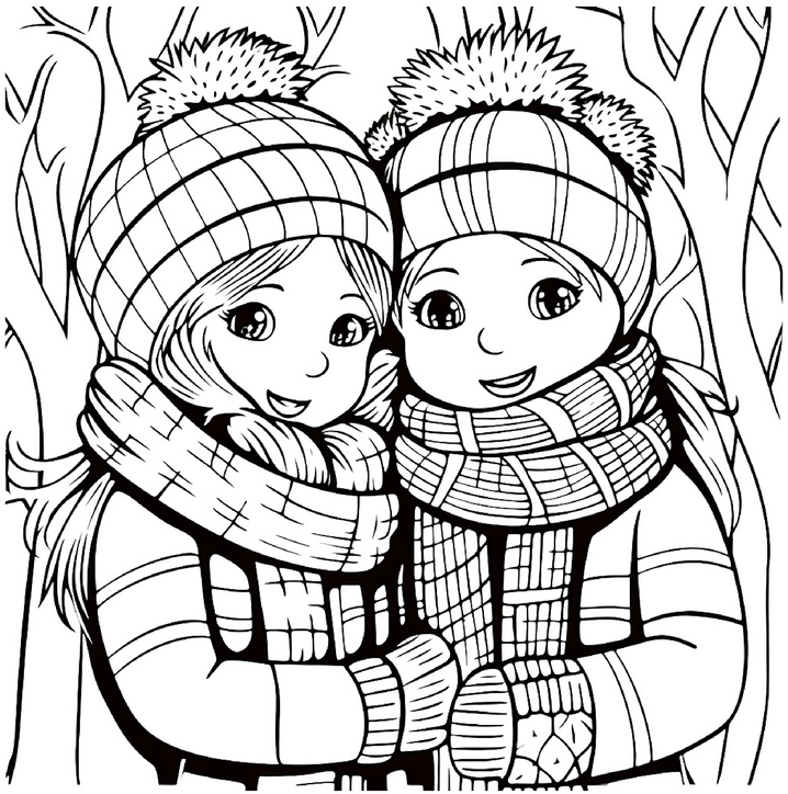 malvorlage-kinder-im-winter-mit-muetzen-und-schals