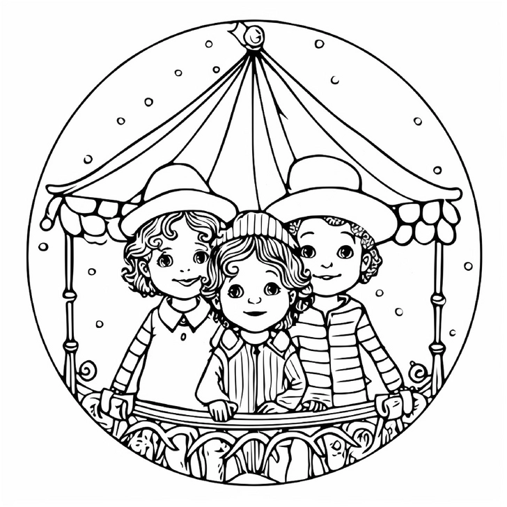 malvorlage-kinder-im-zirkus-mit-bunten-hueten