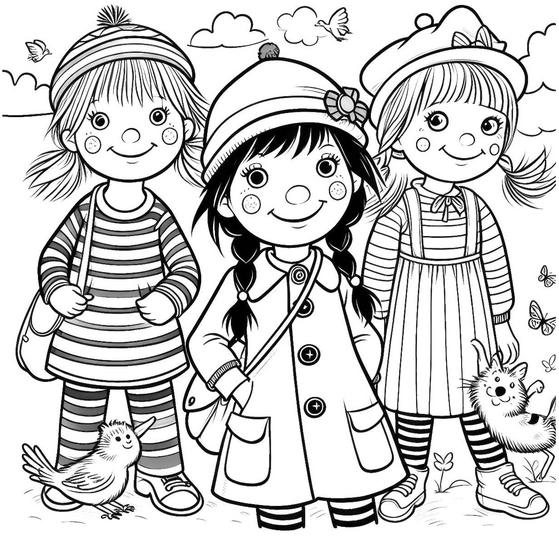 malvorlage-kinder-in-der-natur-mit-tieren-und-voegeln