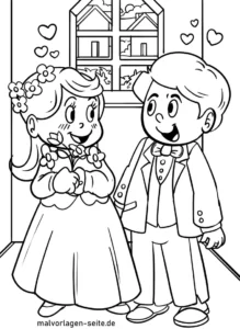 malvorlage-kinder-in-hochzeitsszene-mit-herzen-und-blumen