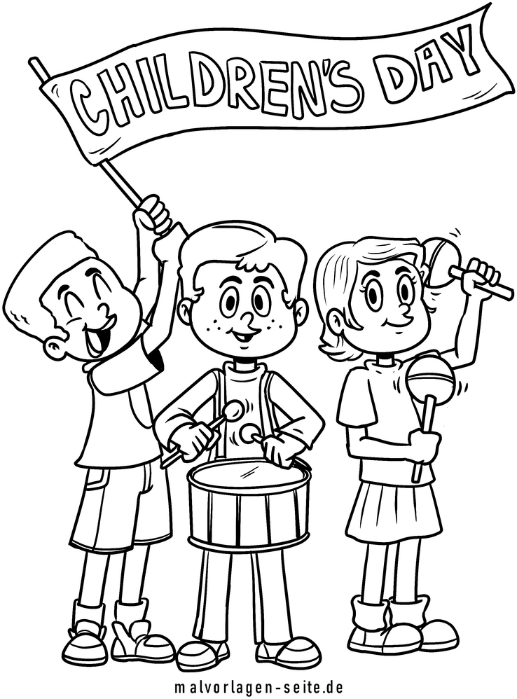 malvorlage-kinder-mit-banner-zum-kindertag-und-musikinstrumenten