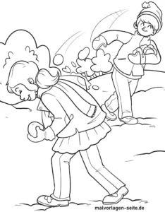 malvorlage-kinder-schneeballschlacht-im-winter