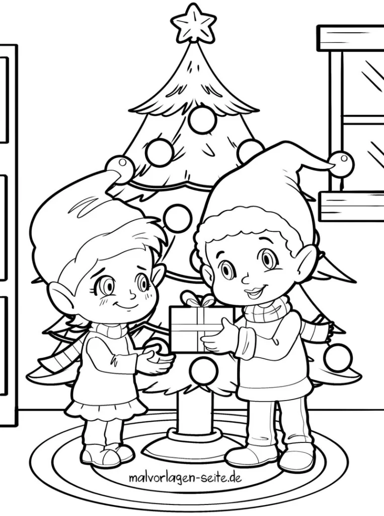 malvorlage-kinder-unter-dem-weihnachtsbaum-mit-geschenken