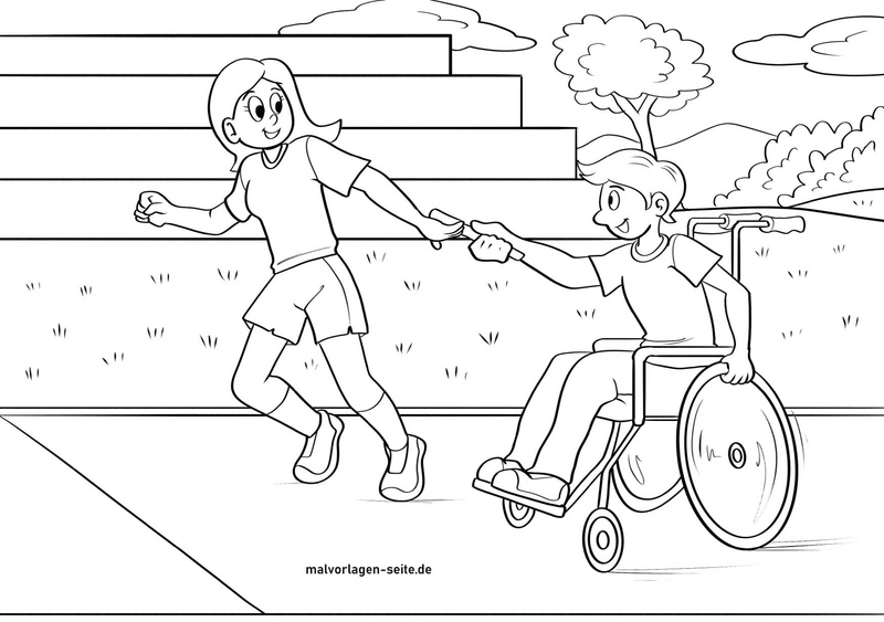 malvorlage-kinderfreundschaft-im-rollstuhl-und-beim-spielen