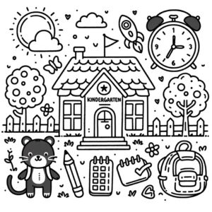 malvorlage-kindergarten-mit-katze-und-uhr-ausmalen