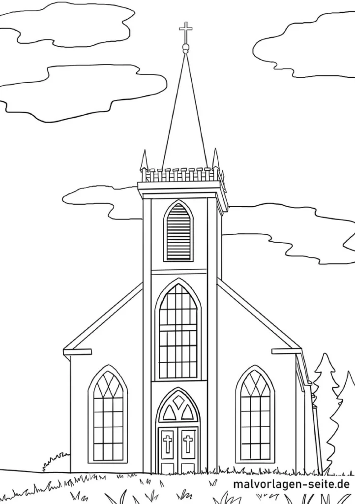 malvorlage-kirche-hohe-tuerme-bunte-fenster