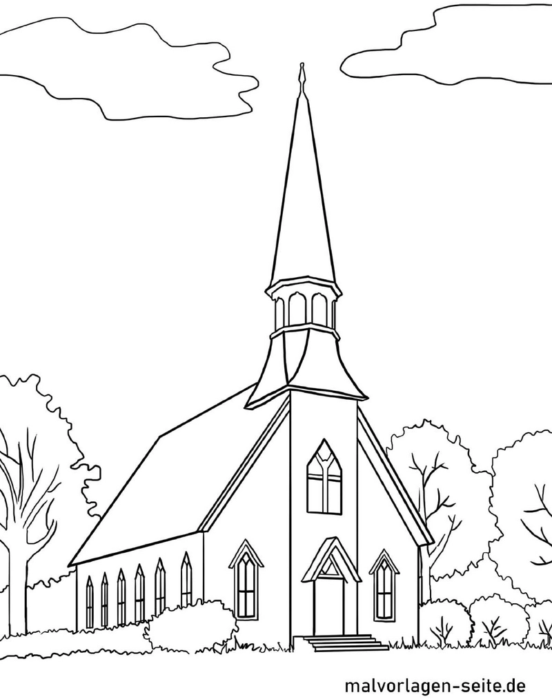 malvorlage-kirche-hoher-turm-und-baeume