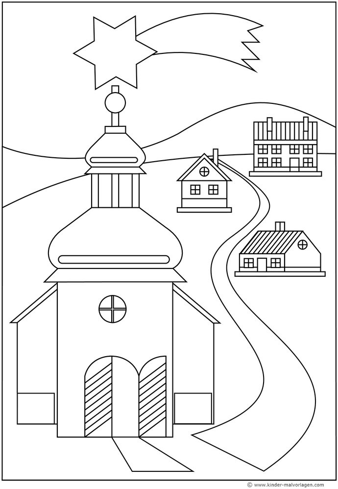 malvorlage-kirche-mit-haeusern-und-weihnachtsstern
