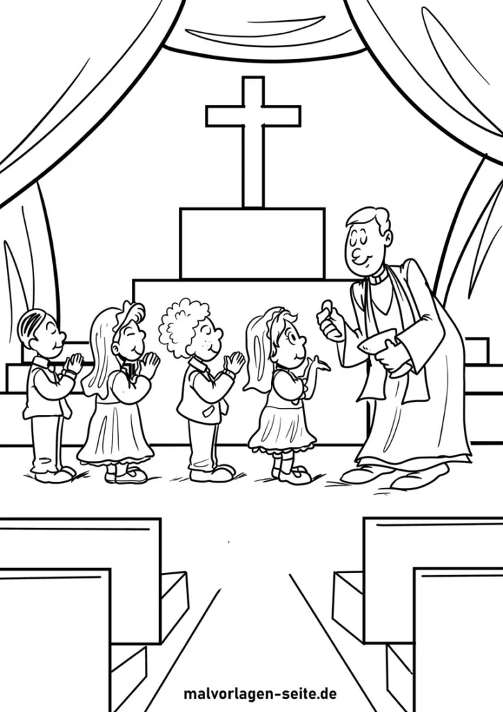 malvorlage-kirche-mit-kindern-beten-und-priester